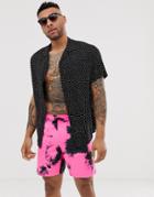 Asos Design Swim Shorts In Neon Pink Tie Dye Mid Length - Pink