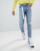 Asos Skinny Jeans In Light Wash Blue With Strap Detail - Blue