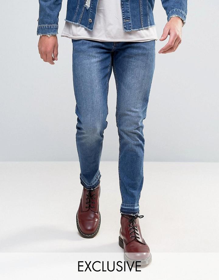 Mennace Slim Fit Cropped Jeans With Raw Hem In Dark Wash - Blue