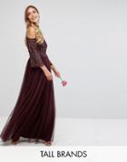 Maya Tall Cold Shoulder Maxi Dress In Tonal Delicate Sequin With Tulle Skirt And Kimono Sleeve - Red