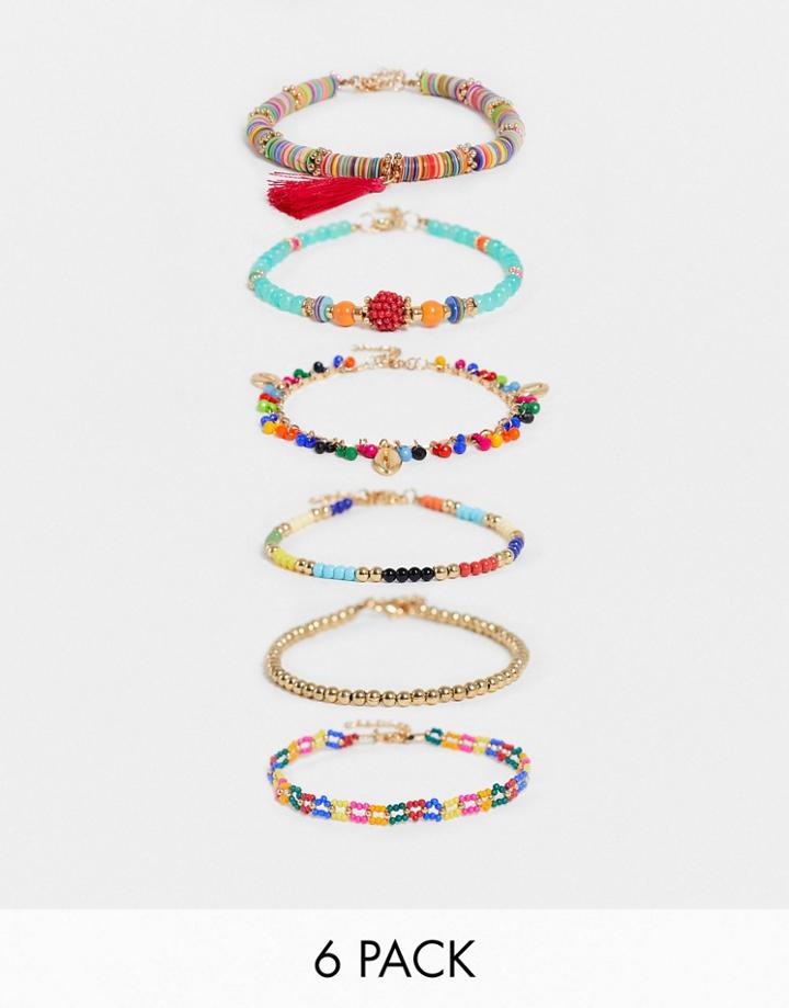 Asos Design Pack Of 6 Anklets In Multicolour Beads With Tassel And Shell Charms In Gold Tone