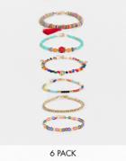 Asos Design Pack Of 6 Anklets In Multicolour Beads With Tassel And Shell Charms In Gold Tone
