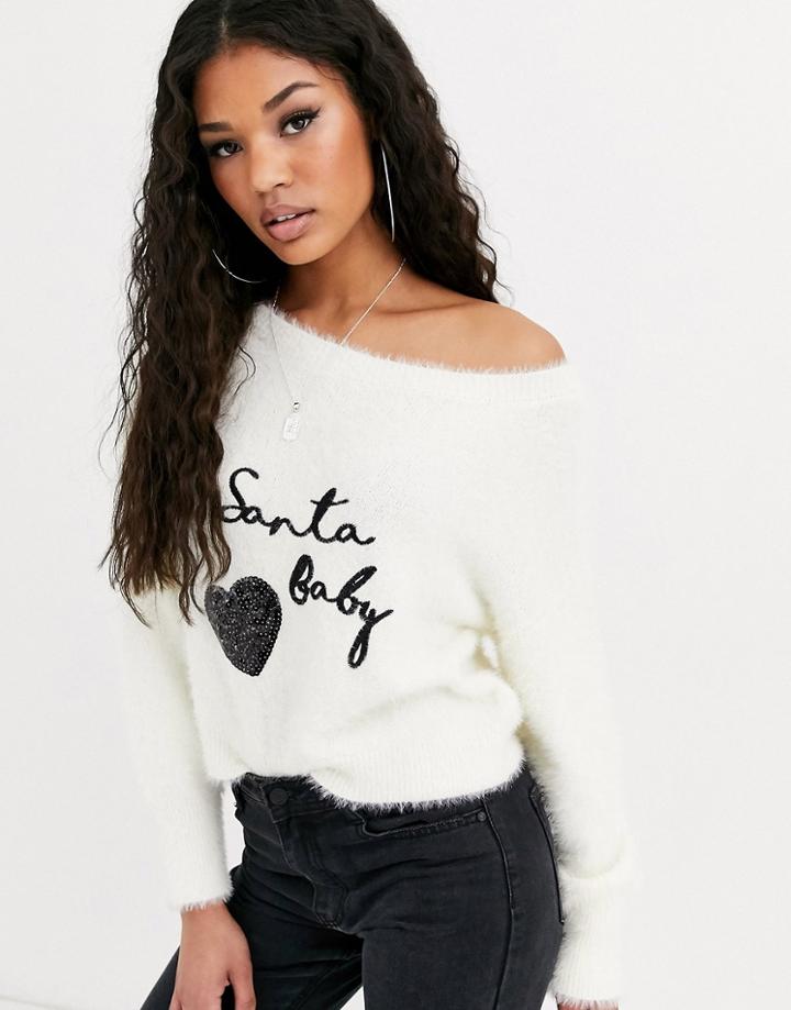 Asos Design Christmas Off Shoulder Sweater In Eyelash Yarn With Sequin Detail