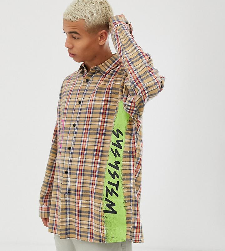 Collusion Oversized Drop Shoulder Check Shirt With Graffiti Print-brown