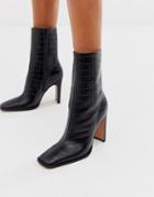 Asos Design Evolution Leather High Ankle Boots In Black Croc - Black