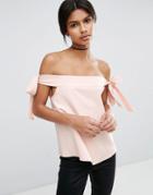 Asos Minimal Off Shoulder Top In Crepe With Tie Sleeve - Blush