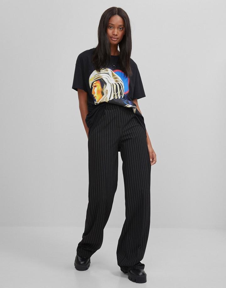 Bershka Wide Leg Pinstripe Pants In Black