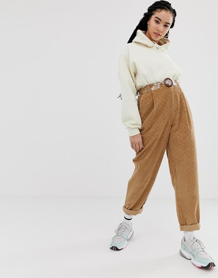 Asos Design Tapered Boyfriend Jeans With Curved Seams In Brown Diamond Cord With Plastic Belt
