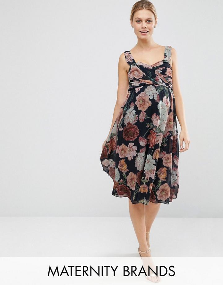 Asos Maternity Wedding Floral Chiffon Sweetheart Midi Dress - Multi