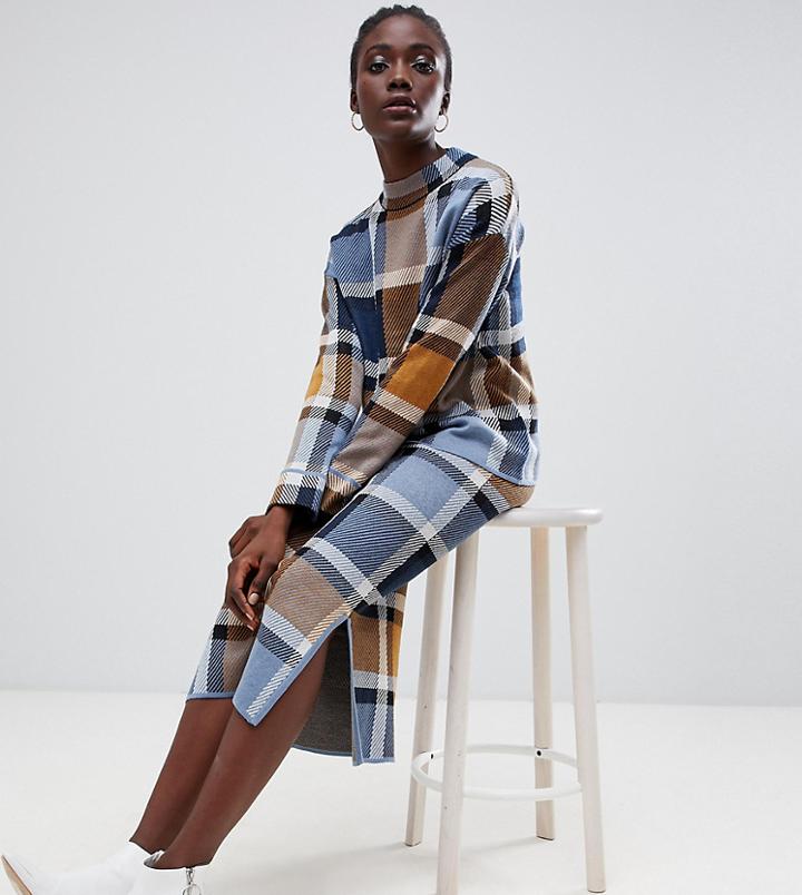 Warehouse Knitted Pencil Skirt In Blue Check - Multi