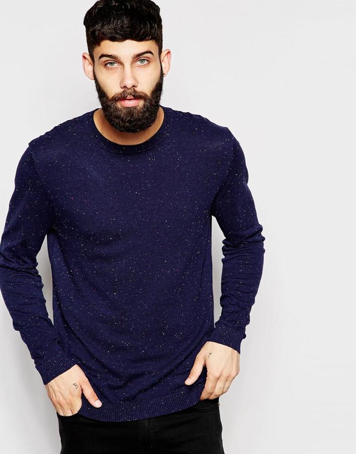 Asos Crew Neck Sweater In Cotton - Navy Nep