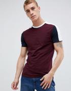 New Look Muscle Fit T-shirt With Color Block Sleeve In Burgundy - Red