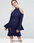 Dark Pink High Neck Cold Shoulder Dress With Frill Sleeves - Navy