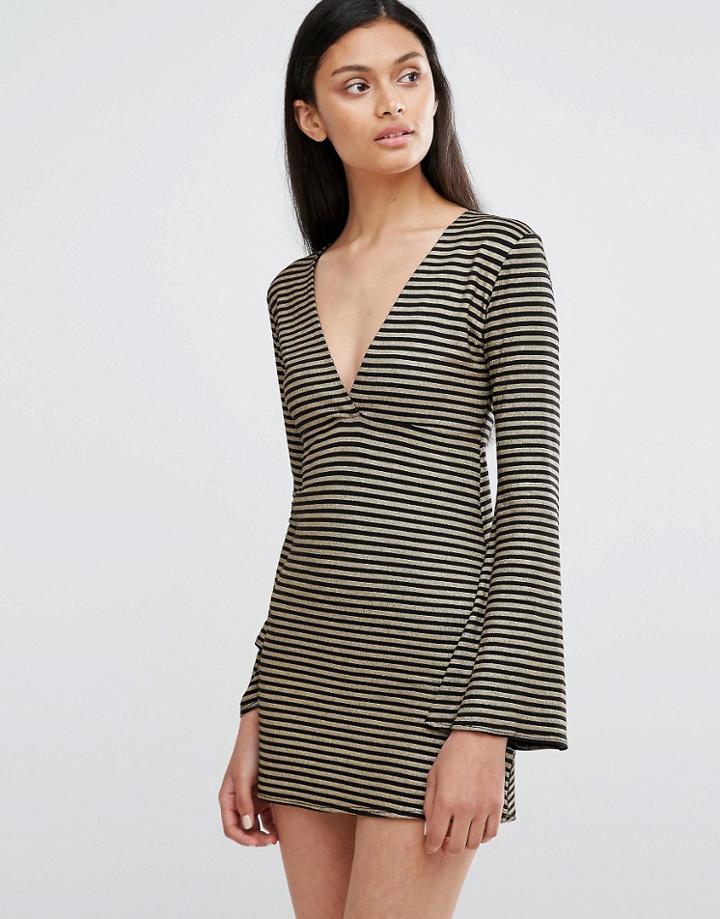 Love Plunge Neck Bell Sleeve Dress In Stripe - Black