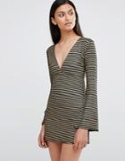 Love Plunge Neck Bell Sleeve Dress In Stripe - Black