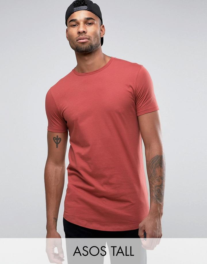 Asos Tall Super Longline T-shirt In Red With Curved Hem - Red