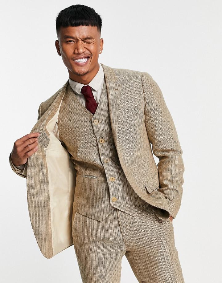 Asos Design Super Skinny Wool Mix Suit Jacket In Stone Herringbone-neutral