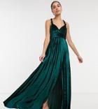 Asos Design Tall Velvet Knot Pleated Maxi Dress In Forest Green