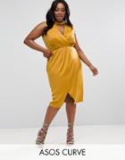 Asos Curve Choker Neck Detail Drape Front Midi Dress - Yellow