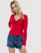 Hollister V-neck Top With Knot Front-red