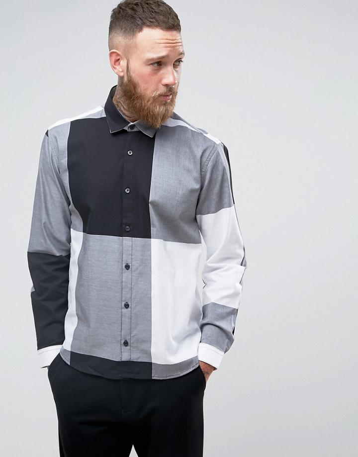 Lindbergh Big Check Shirt Jersey Collar In Black - Blue