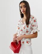 Fashion Union Button Front Top With Ladder Detail In Ditsy Floral - White