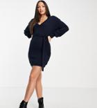 Asos Design Tall Knitted Mini Dress With Tie Waist In Navy