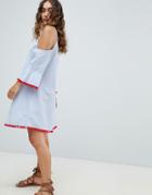 America & Beyond Chambray Cold Shoulder Beach Dress With Fluted Sleeve - Blue