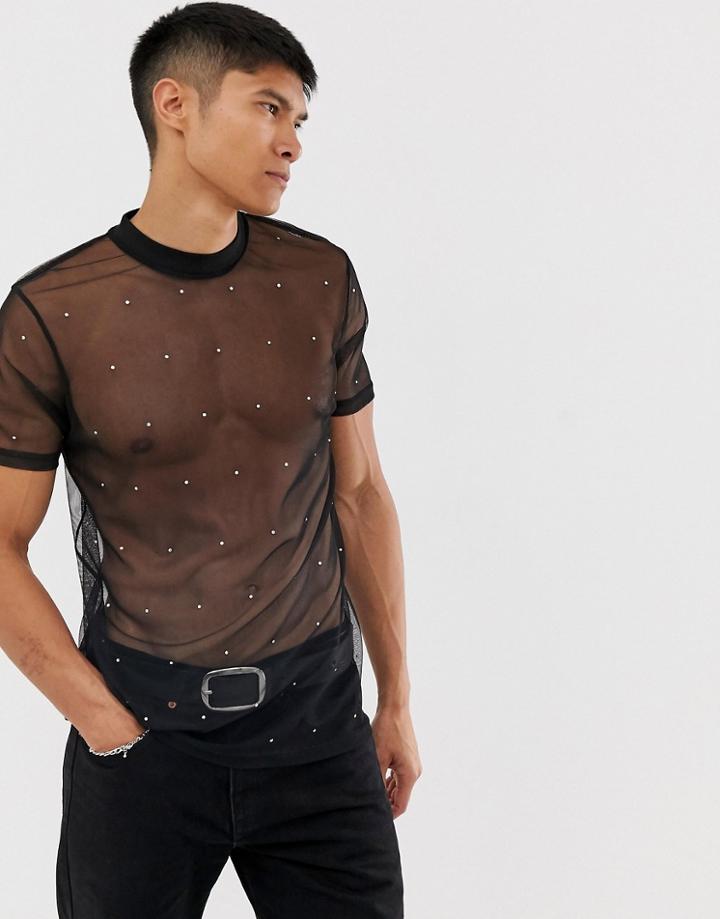 Asos Design T-shirt In Mesh With Embellishment In Black
