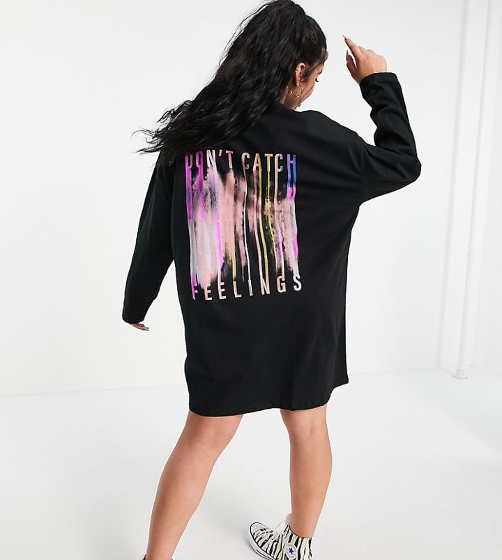 Asos Design Curve Oversized Long Sleeve T-shirt Dress With Catch Feelings Back Print In Black