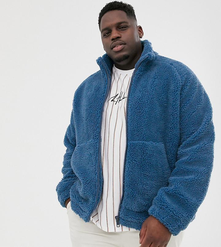 Asos Design Plus Zip Through Borg Jacket In Blue