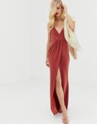 Asos Design Slinky Wrap Maxi Dress-brown