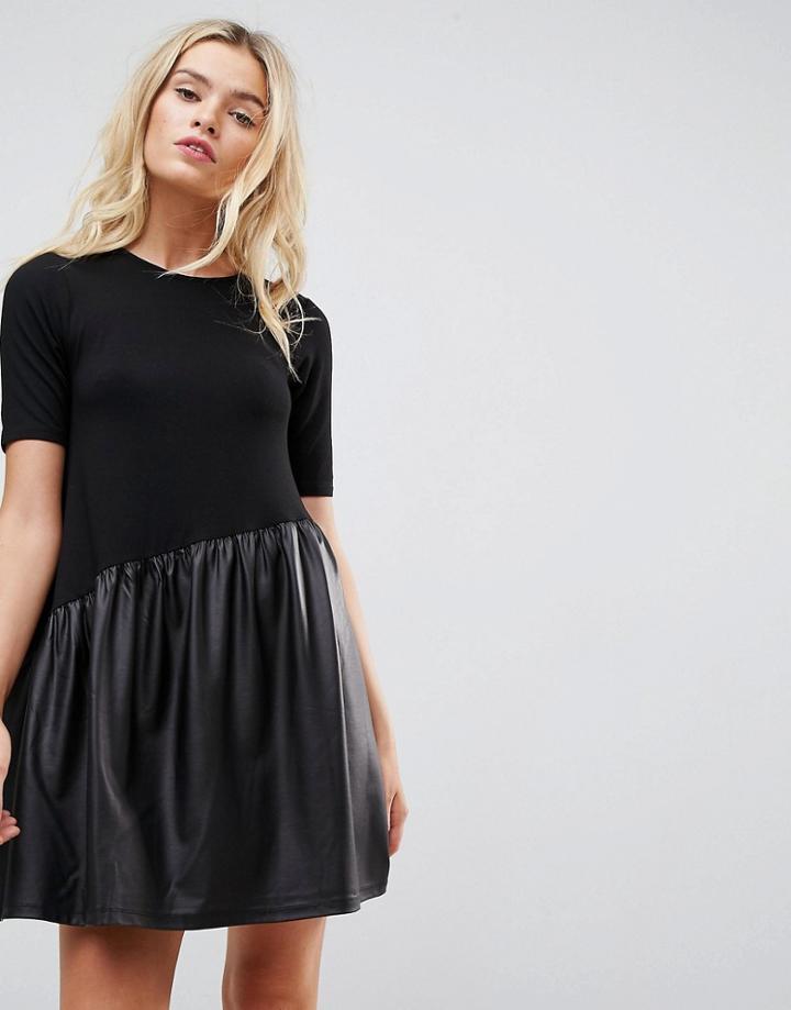 Asos Mini Smock Dress With Asymmetric Pu Panel - Black