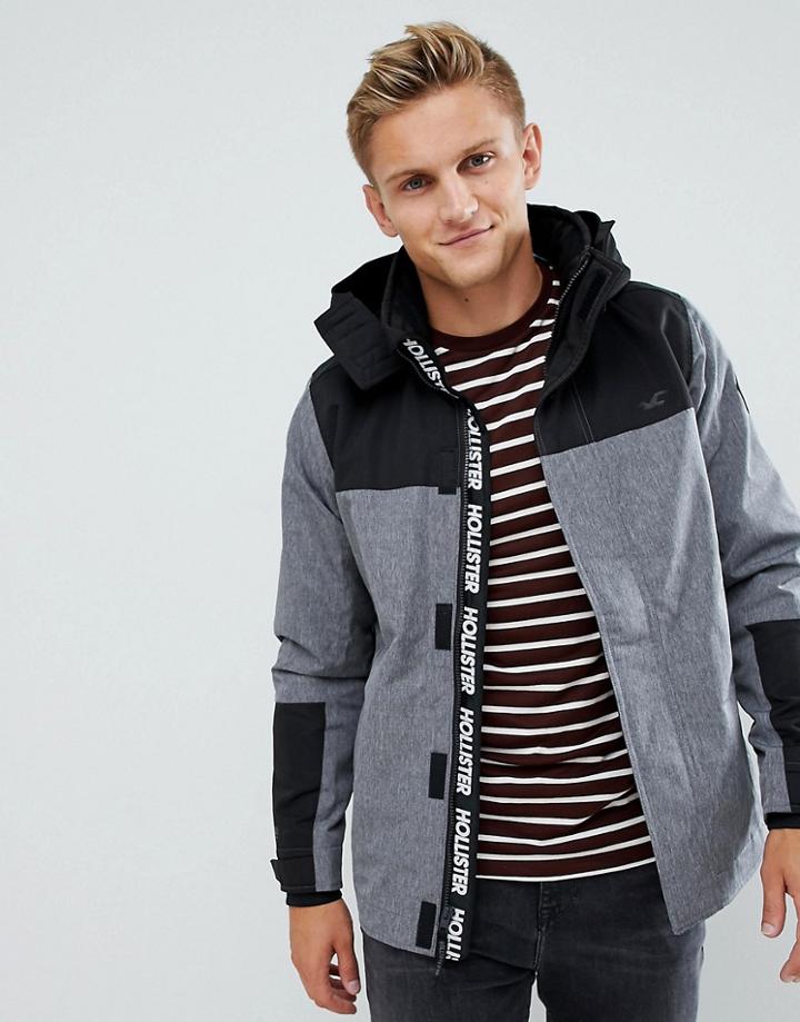 Hollister Hooded Midweight Parka Jacket Contrast Detail Seagull Logo In Textured Gray - Gray