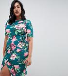 Prettylittlething Plus Tie Waist Wrap Dress In Teal Floral - Green