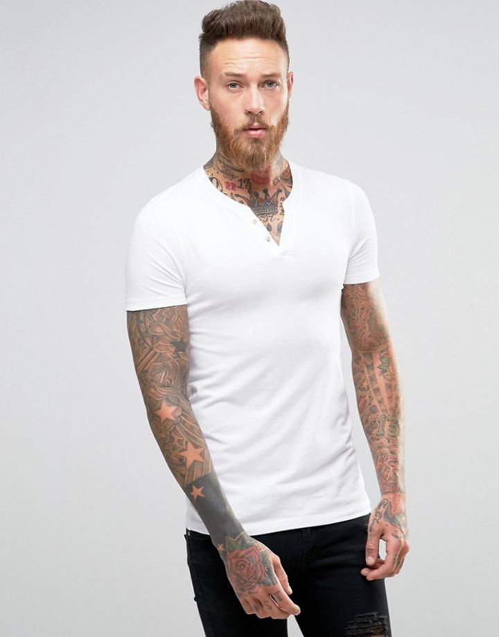 Asos Extreme Muscle T-shirt With Grandad Notch Neck In White - White