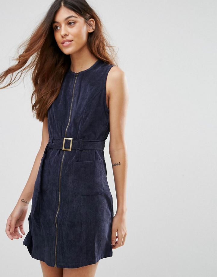 Rage Corduroy Zip Front Dress - Navy