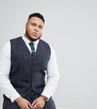 Heart & Dagger Plus Size Slim Suit Vest In Harris Tweed In Check-navy