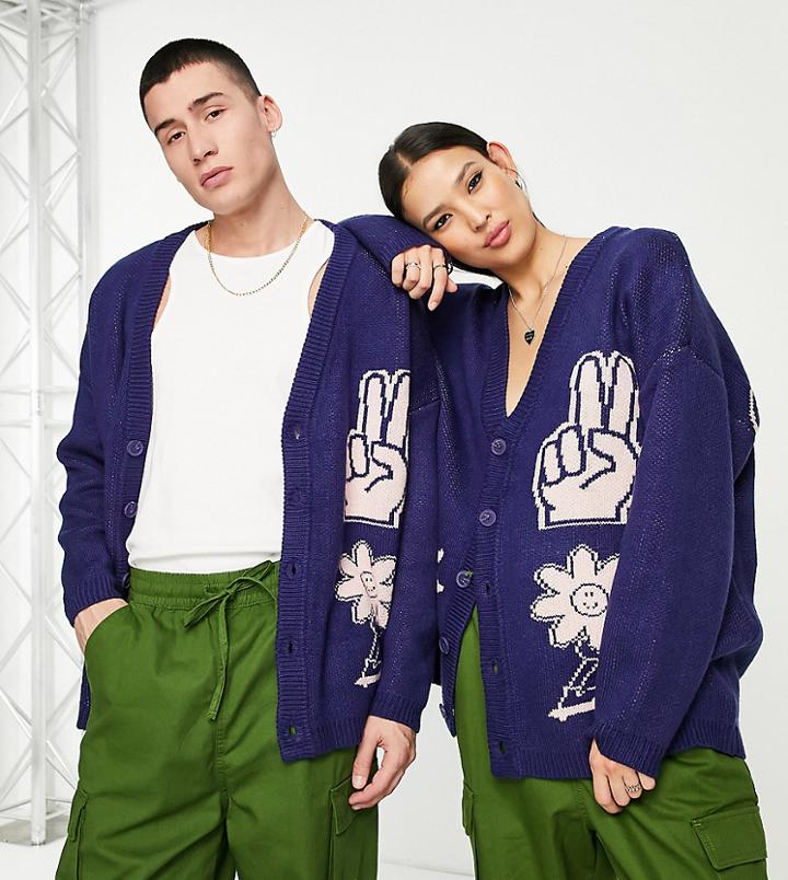 Collusion Unisex Knitted Printed Cardigan-navy