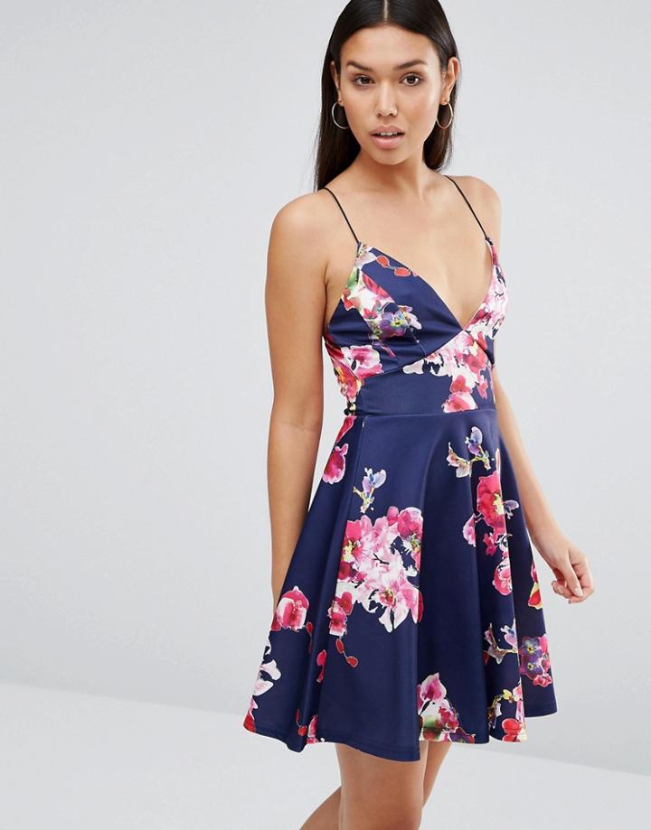 Ax Paris Floral Cami Skater Dress - Navy