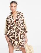 River Island Animal Print Oversized Beach Shirt Dress In Brown