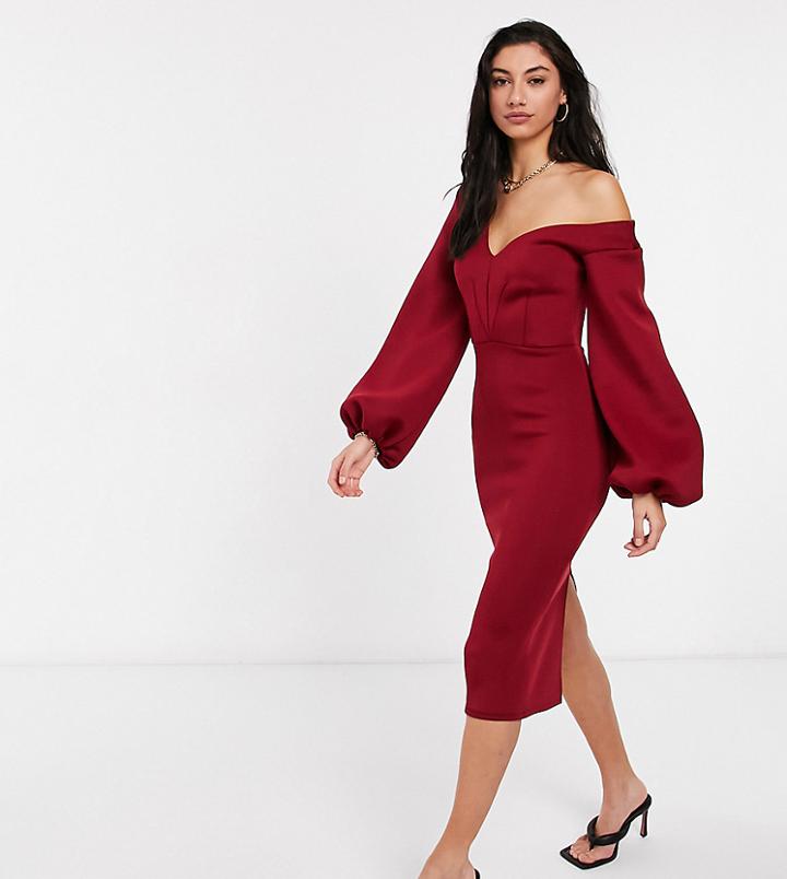 Asos Design Tall Fallen Shoulder Midi Dress With Balloon Sleeve In Wine-purple