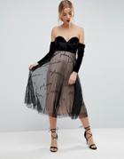 Asos Velvet Bardot Embroidered Tulle Skirt Midi Dress - Black