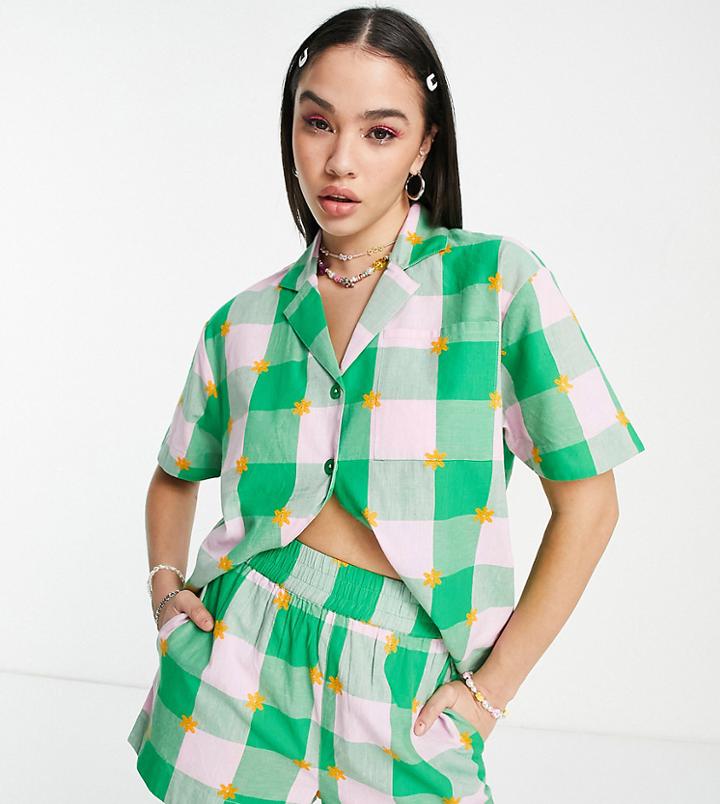 Collusion Check Shirt With Embroidery In Pink And Green - Part Of A Set-multi