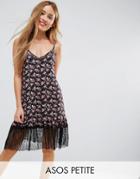 Asos Petite Mini Sundress With Lace Hem In Black Base Floral - Multi
