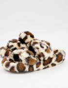 Qupid Double Strap Slippers In Leopard Fur-multi