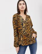 Asos Design Oversized Long Sleeve Top With Dip Hem And Button Detail In Tiger Print - Multi