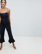 Asos Design Cotton Frill Hem Jumpsuit With Square Neck And Button Detail-black