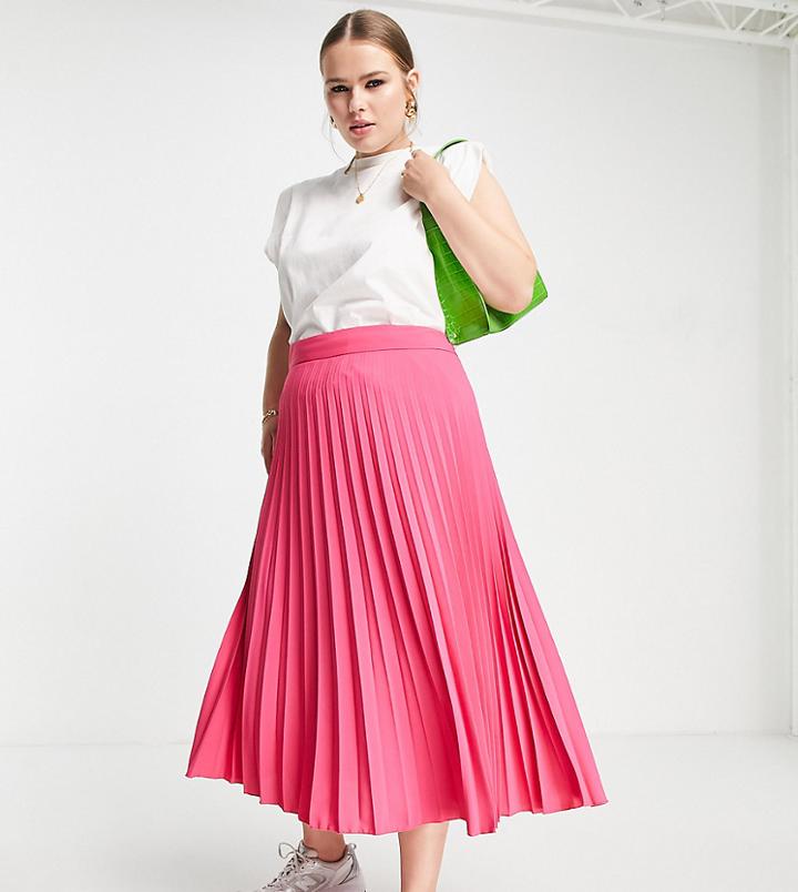 River Island Plus Pleated Midi Skirt In Bright Pink