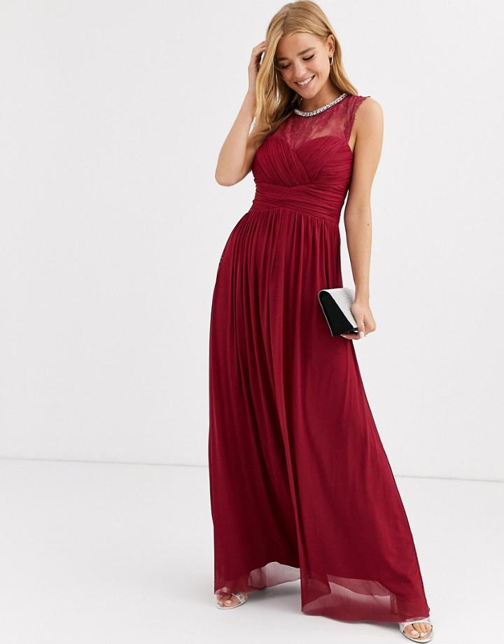 Lipsy Ruched Maxi Dress With Lace Yolk And Embellished Neck In Berry - Red